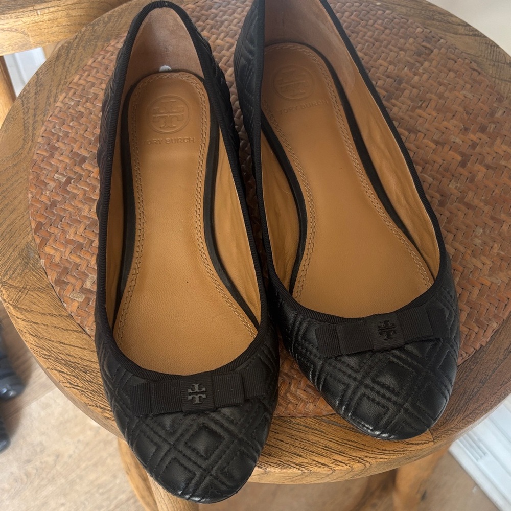 Tory Burch Black Quilted Logo Bow Flats